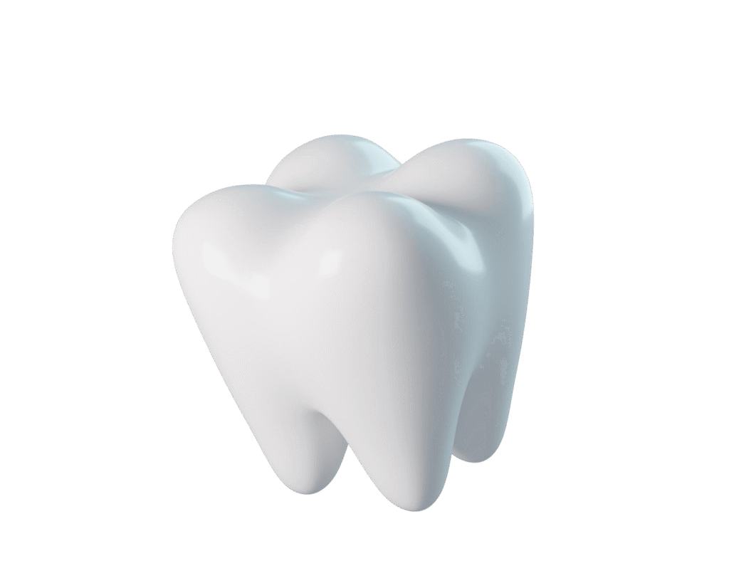 Render 3D de molar branco representando saúde bucal